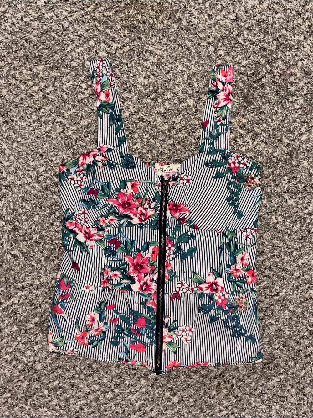Liberty Love Floral Striped Zip Front Corset Peplum Top Medium
